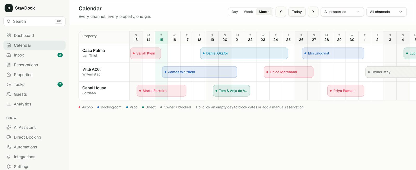 StayDock calendar with reservations from Airbnb, Booking.com, Vrbo and direct bookings
