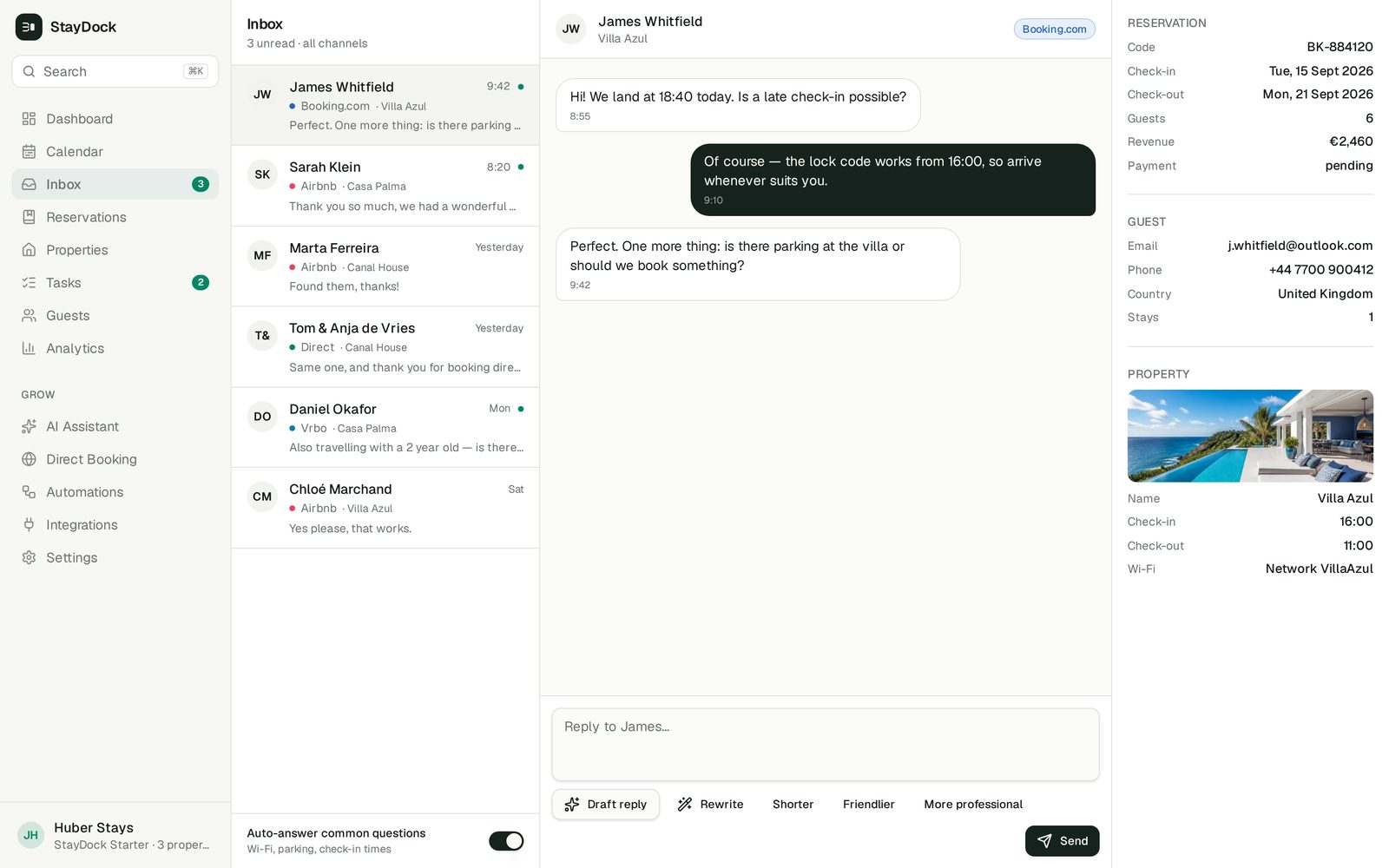 StayDock inbox showing guest messages from every channel next to the reservation details